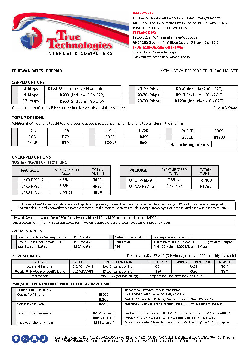 Truewan rates 2019